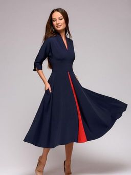 Платье темно-синее длины миди с красной вставкой и рукавами 3/4 - 1001dress фото 9