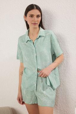 Trendyolmilla Mint Hayvan Desenli Viskon Sortlu Dokuma Pijama Tak?m? THMSS25PT00315