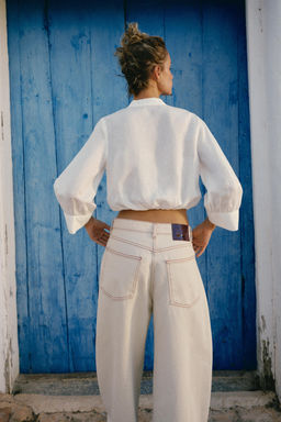 CAMISA GLOBO ALAMARES CON LINO / Blanco