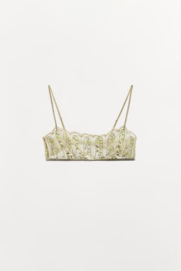 SUJETADOR BANDEAU ENCAJE BORDADOS FLORES / Crudo claro