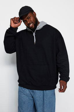 TRENDYOL MAN Siyah Buyuk Beden Oversize/Genis Kesim Kapusonlu Mistik Bask? Ici Polarl? Sweatshirt TMNAW24AO00006 - Trendyolmilla фото 2