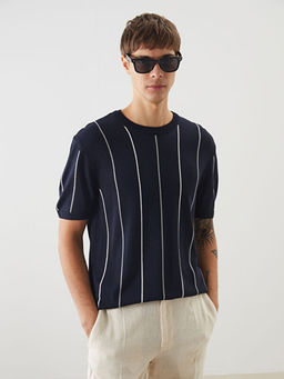 Bisiklet Yaka K?sa Kollu ?izgili Erkek Triko Kazak