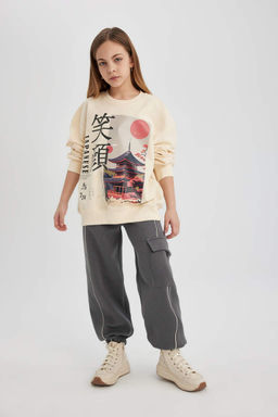 Толстовка оверсайз с круглым вырезом для девочек с принтом - Defacto фото 6