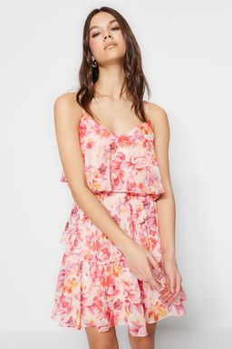 Pembe Cicek Desenli Belden Ac?lan Boho Astarl? Sifon Ucus Ucus Dokuma Mini Elbise TWOSS23EL01445