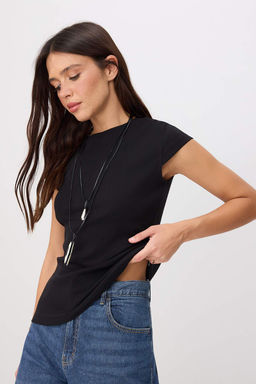 Siyah Regular/Normal Kal?p K?sa Kollu Orme Crop/K?sa Pamuk Ribana Orme T-shirt TWOSS26TS00299