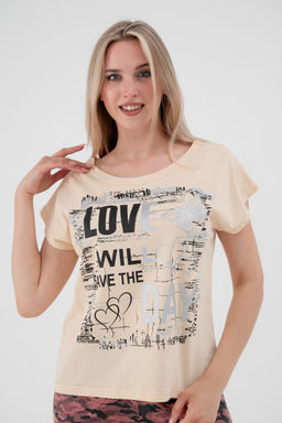 Футболка женская со спущенным плечом из кулирки Лира топленое молоко с принтом Love - Амадэль фото 13