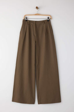 Kahverengi Ince Dokumlu Yumusak Tuseli %100 Pamuk Wide Leg/Genis Paca Pantolon TWOAW26PL00010 - Trendyolmilla фото 5