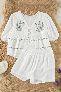 Trendyolmilla Pembe Cicekli Nak?sl? Baglama/Fiyonk Detayl? Viskon Sortlu Dokuma Pijama Tak?m? THMSS25PT00027 фото 5