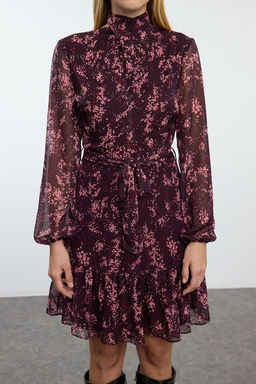 Trendyolmilla Koyu Visne Cicekli Dokuma K?sl?k Elbise TWOAW24EL00261  фото 7