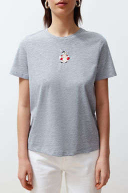 Gri Melanj Nak?sl? Regular/Normal Kal?p Orme T-Shirt TWOSS24TS00160