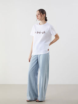 Bisiklet Yaka Bask?l? Kad?n Ti??rt