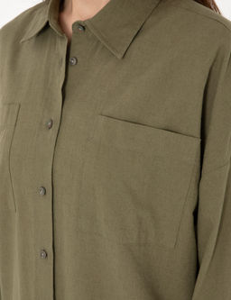 Haki Oversize Keten Kar___ml_ Uzun Kollu G_mlek