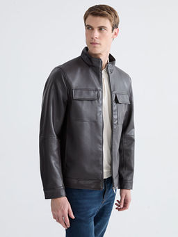 Standart Kal?p Dik Yaka Erkek Deri G?r?n?ml? Ceket