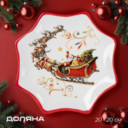 Блюдо сервировочное новогоднее Доляна «Сани Деда Мороза», 20×2.3 см, доломит, белое