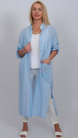 Рубашка-туника из льна стройнит фигуру, не требует глажки 091Л голубой