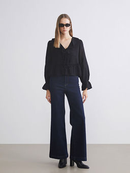 V Yaka Desenli F?rf?rl? Bluz