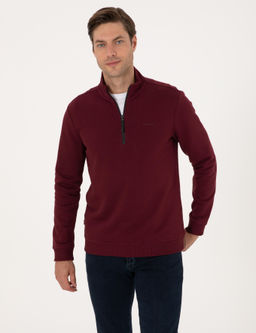 Bordo 3 _plik Regular Fit Fermuarl_ Dik Yaka Basic Sweatshirt