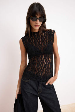 Siyah Fitted/Vucuda Oturan Dik Yaka Kolsuz Dantel Orme Bluz TWOSS26BZ00699