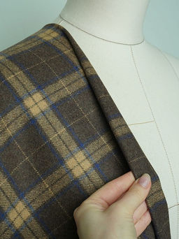 Шерсть пальтово-костюмная Твид Клетка бежево-синяя на коричневом, ш.1.5м, шерсть-50%, п/э-50% - Купава фото 8