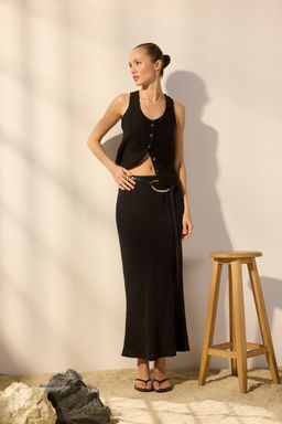 TRENDYOLMILLA Vizon %100 Keten Beli Lastikli Yuksek Bel Midi Etek TWOSS24ET00152  фото 18