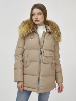 Куртка Бренд Visdeer ПРЕМИУМ КЛАССА зимняя с мехом ЕНОТА, бежевого цвета  фото 13