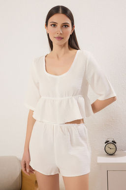 Beyaz %100 Pamuklu Dantel Detayl? Muslin Sortlu Dokuma Pijama Tak?m? THMSS25PT00327