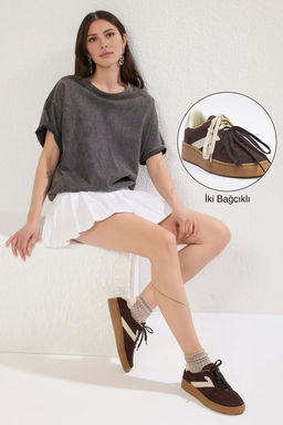 Koyu Kahverengi Iki Bagc?kl? Cift Kullan?ml? Kad?n Retro Spor Ayakkab? TAKSS25SN00009