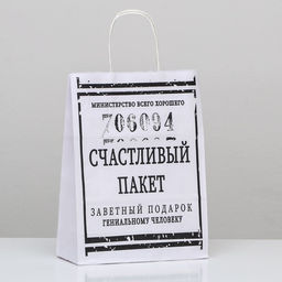 Цена за 2 шт. Пакет подарочный с приколами, крафт Счастливый пакет, белый, 24 х 10,5 х 32 см, 1 шт