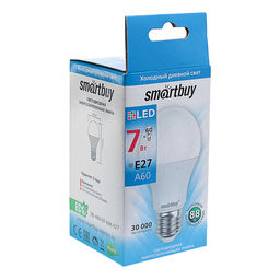 Цена за 2 шт. Лампа светодиодная Smartbuy, E27, А60, 7 Вт, 6000К, холодный белый свет