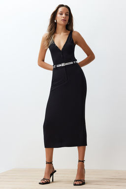 Siyah Fitted/Vucuda Oturan V Yaka Fitilli Esnek C?tc?tl? Orme Body TWOSS24BD00032