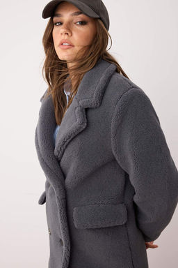 Antrasit Kurklu Kruvaze Regular Uzun Pelus Kaban TWOAW26KB00020 - Trendyolmilla фото 5