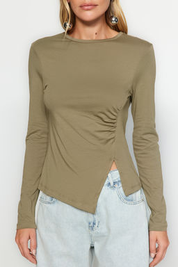 Trendyolmilla Siyah Tek Y?rtmac Detayl? Pamuklu Buzgulu Bisiklet Yaka Orme Bluz TWOAW24BZ00388  фото 4