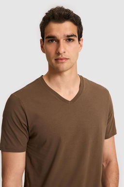 Erkek Regular Fit V Yaka Kahverengi Basic Ti__rt