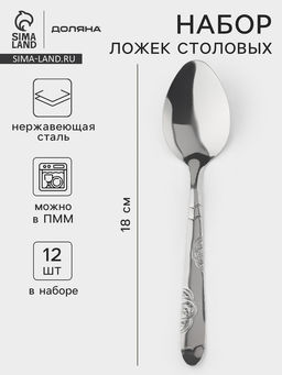 Набор столовых ложек Доляна Венсель, длина 18 см, набор 12 шт., нержавеющая сталь, серебристый