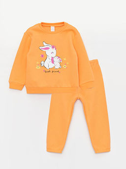 Bisiklet Yaka Bask?l? K?z Bebek Sweatshirt ve E?ofman Alt 2li
