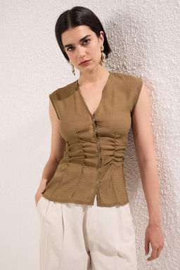 Trendyolmilla Haki Transparan C?tc?tl? Fitted Kolsuz Dokuma Bluz TWOSS25BZ00554  фото 2