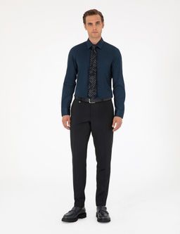 Lacivert %100 Pamuk Parlak Saten Slim Fit Uzun Kollu Basic G_mlek
