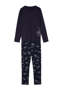 Lacivert Regular Fit Bask?l? Orme %100 Pamuk Pijama Tak?m? TMNAW24PT00012