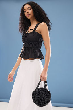 Siyah Kare Yaka Ask?l? Buzgulu Dokuma Bluz TWOSS25BZ00113