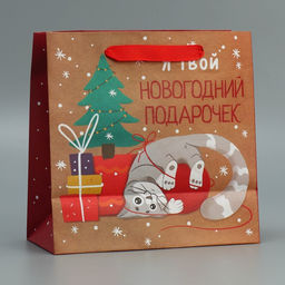 Цена за 2 шт. Пакет подарочный новогодний крафтовый квадратный Подарочек, 22?22?11 см