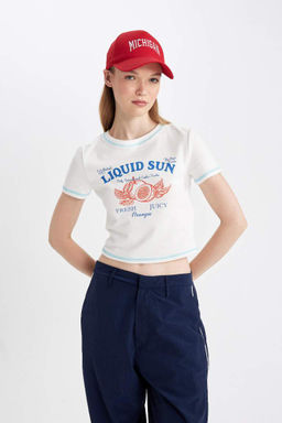 Классная футболка с коротким рукавом в рубчик с круглым вырезом и принтом - Defacto фото 6