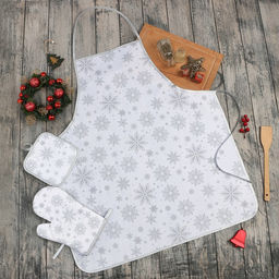 Кухонный набор Доляна. Снежинки: серебро, прихватка 17?17 см, варежка 26?16 см, фартук 70?80 см, 100% п/э