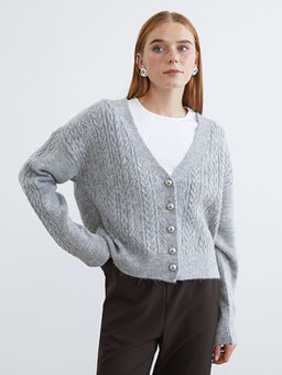 V Yaka Kendinden Desenli Kad?n Triko H?rka