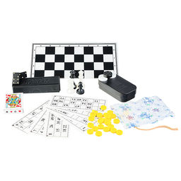 Набор из 6 игр "В Путь-Дорогу" в пластиковом чемоданчике (шахматы обиходные пластик., лото пластик с карточками, домино, шашки, карты(54л), зарики(кости) + 2 доски шахматные картонные, + инструкция 7 игр в кости)