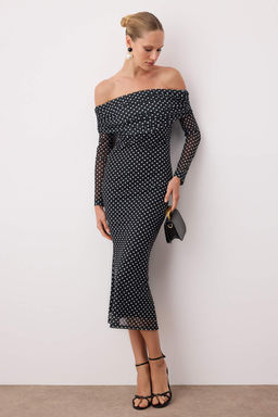 Siyah-Beyaz Puantiyeli Astarl? Tul Elbise TPRAW26EL00073