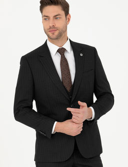 Siyah Slim Fit _izgili Yelekli Tak_m Elbise