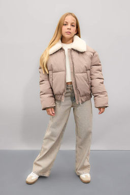 Пуховое пальто с воротником из искусственного меха для девочек, ветрозащитное пальто на молнии - Defacto фото 2