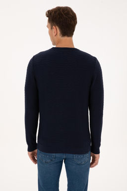 Erkek Slim Fit Bisiklet Yaka Desenli Lacivert Kazak
