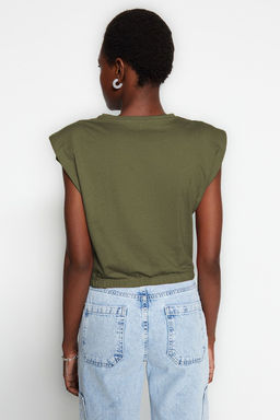 Haki %100 Pamuk Vatkal? Crop Bisiklet Yaka Orme T-Shirt TWOSS21TS0379