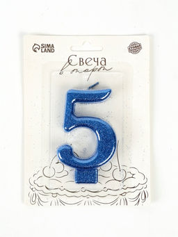 Свеча-цифра "Соло", цифра "5", синий, блеск, 8,2 см
